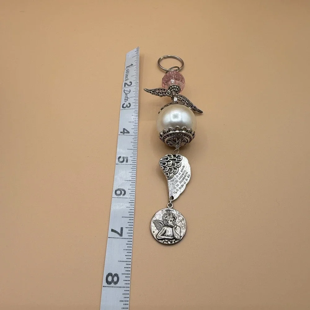 Guardian Angel Keychain Pearl Pink Bead Cherub Wing Charm Religious Prayer Gift